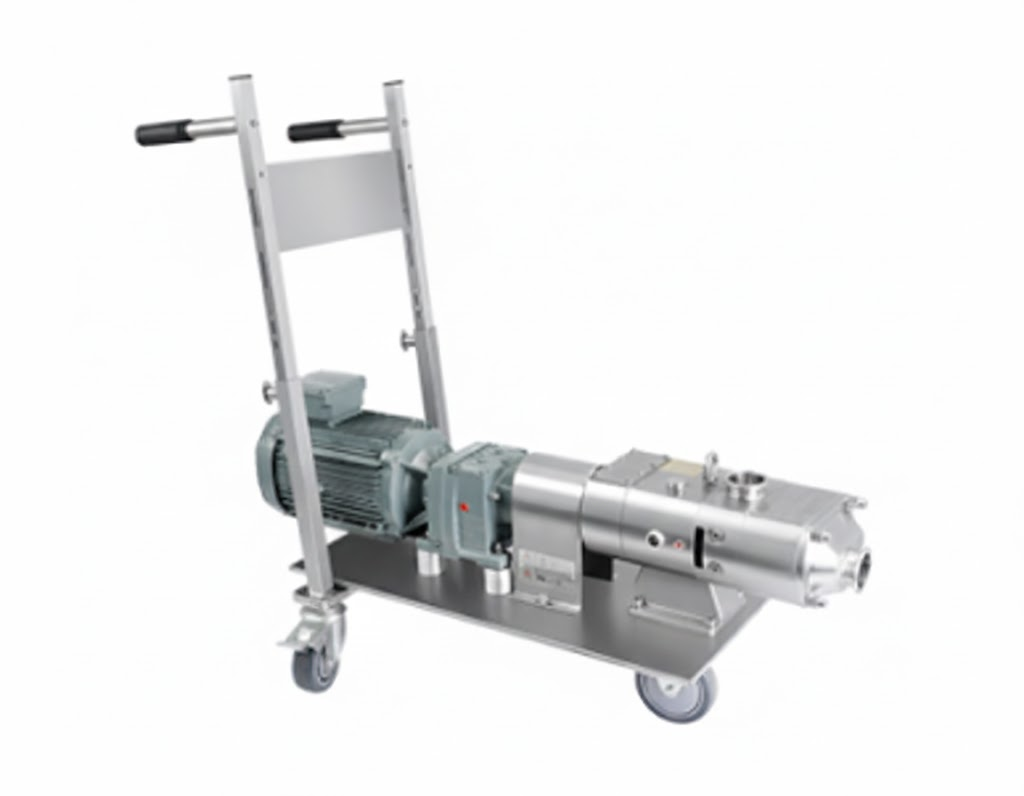 Bomba de fusos duplos (parafuso duplo) sanitária montada em carro móvel de aço inox com painel de controle integrado para processos industriais