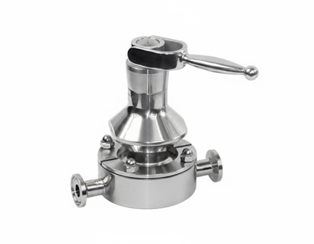 Válvula de amostragem asséptica manual em aço inox 316L com manípulo de trava para coleta estéril e esterilização por vapor